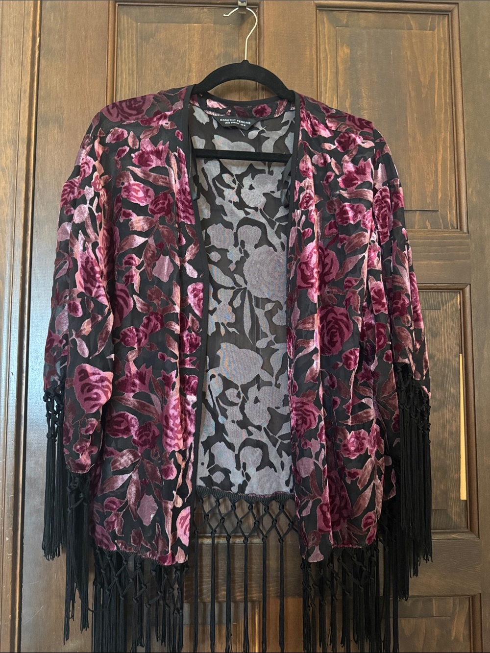 Dorothy Perkins Black & Pink Velvet Floral Fringe Kimono